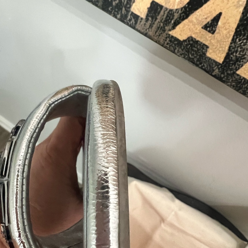 Tory Burch Crystal Double T slide Metallic Silver Sandals - Picture 9 of 9